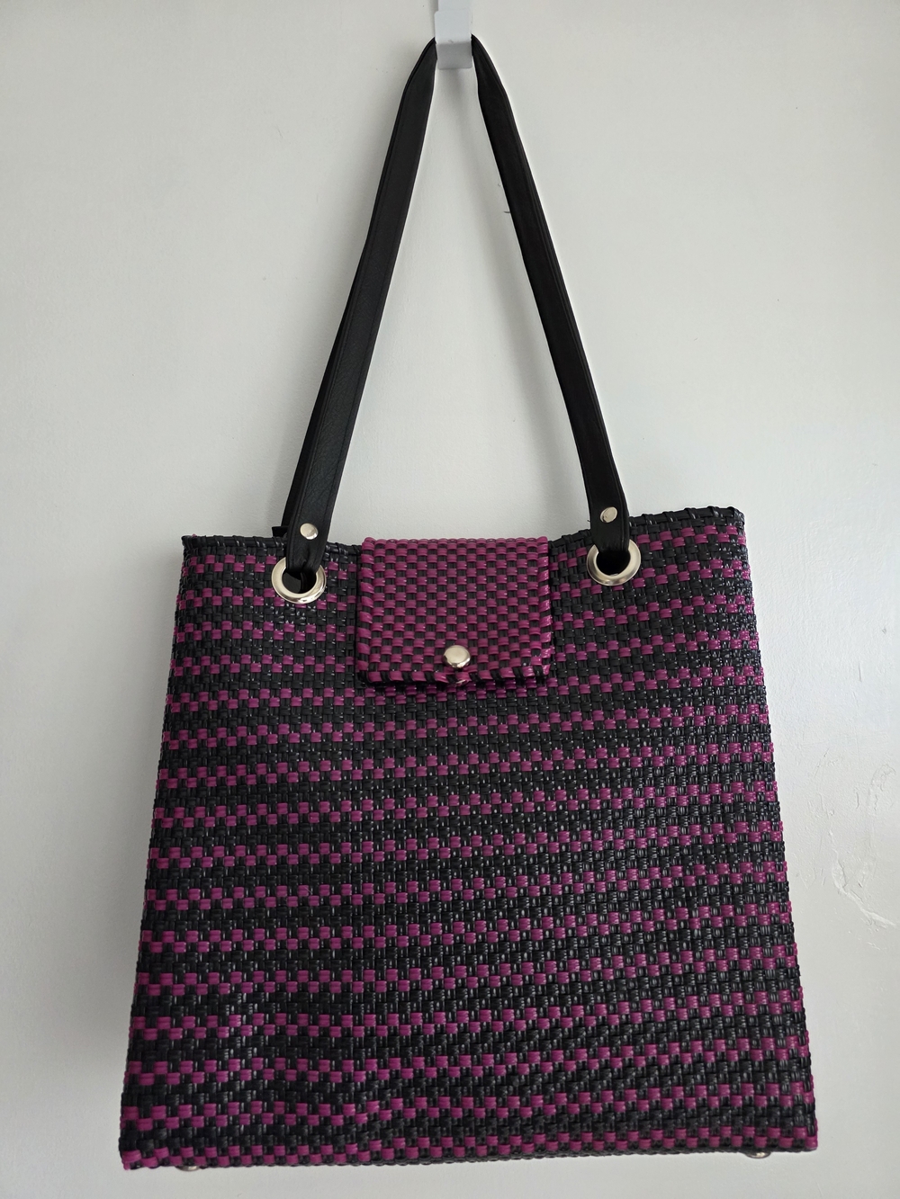 Black and Fuchsia Woven Tote with Top Snap Flap